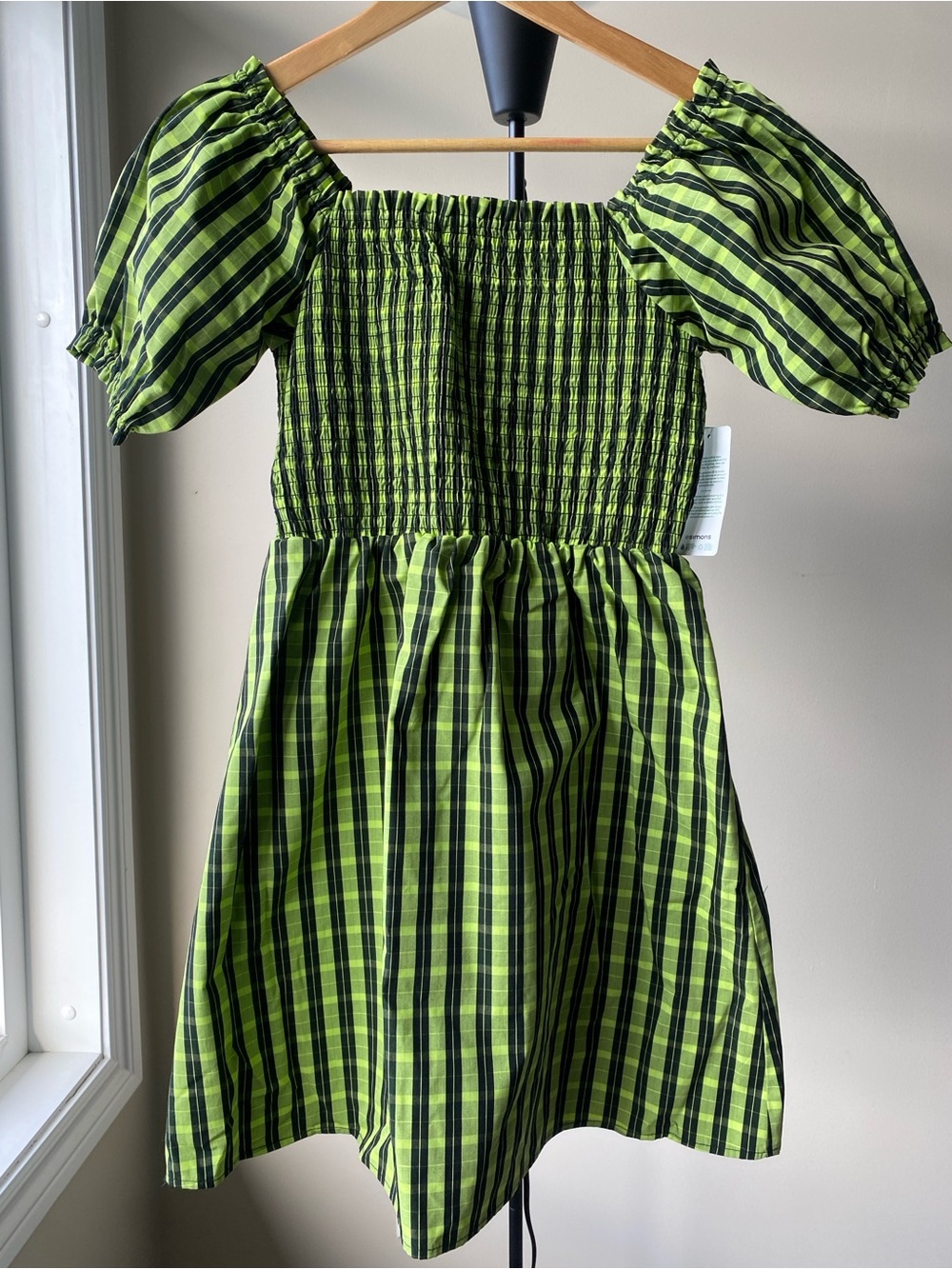 Simons Green and Black Plaid Smocked Puff-Sleeve Mini Dress